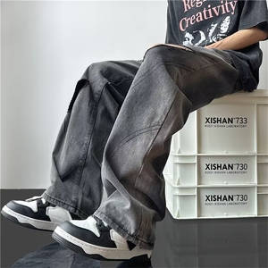 破洞拼接直筒裤子oversize设计感小众阔腿裤hiphop痞帅炸街牛仔裤图片