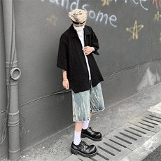 褶皱纹理解构拉链翻领黑色cleanfit短袖衬衫男高级感休闲上衣男潮，男装衬衫，星座505-2（原电商A260-1)