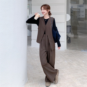 咖色复古设计感西装马甲阔腿裤套装女2025秋新款高级感简约两件套图片
