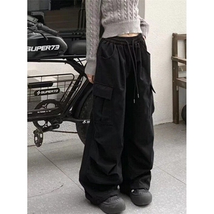 潮春秋宽松型松紧腰休闲长裤抽绳阔腿裤中低腰 KA609图片