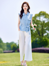 高级感时尚套装女气质无袖衬衫夏季新款收腰显瘦阔腿裤休闲两件套，女装套装/套裙，靓衣阁