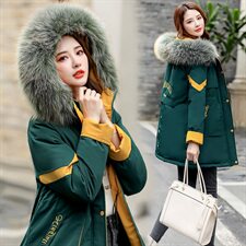 2024冬季新款字母刺绣拼接大毛领拼羽绒棉棉衣备双十一，女装派克服，凝聚力