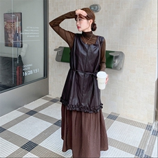 法式复古气质休闲连衣裙套装女秋季2025新款打底衫背心皮裙两件套，女装套装/套裙，橙子家