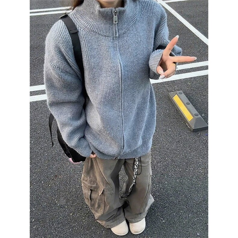立领拉链毛衣外套开衫男秋季设计感纯色修身美式复古针织衫潮牌,男装针织衫/毛衣,星座506A