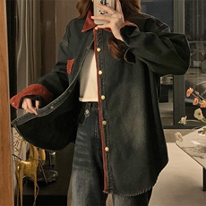 加绒衬衫牛仔衣女春秋冬新款撞色拼接POLO领长袖外套潮C635-98，男装工装外套，星座911-2(原星座613-2）