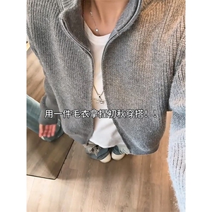 重磅秋冬北极绒双拉链毛衣开衫美式复古休闲慵懒风宽松针织衫外套图片