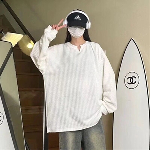 肌理感V领长袖T恤春秋季潮牌宽松重磅上衣痞帅高级感内搭打底衫图片
