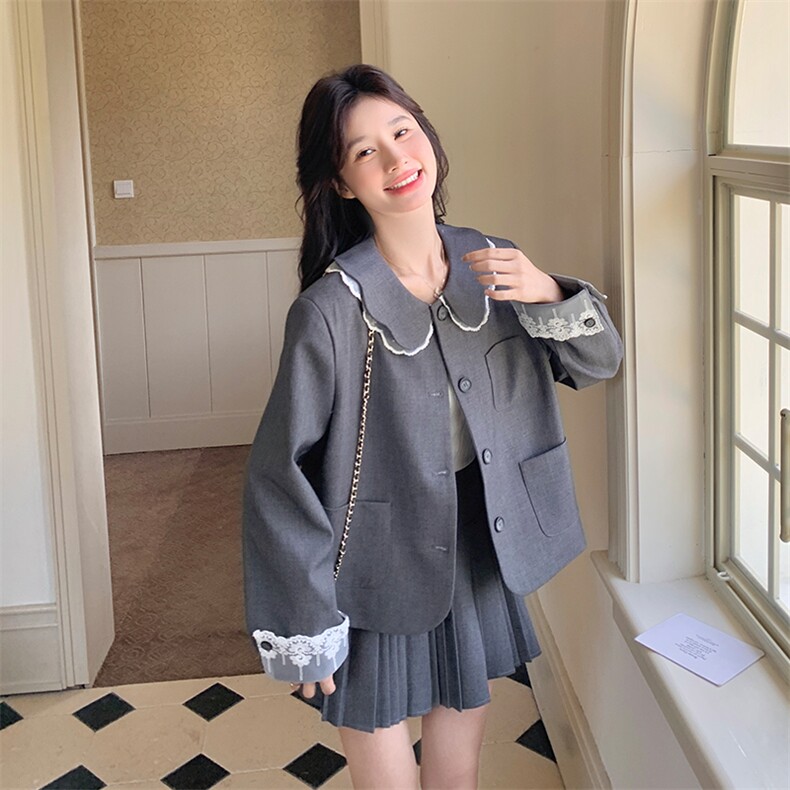 灰色娃娃领西装套装裙女2025春季新款韩系学院风减龄百褶裙两件套，女装套装/套裙，浙宝103（原192）