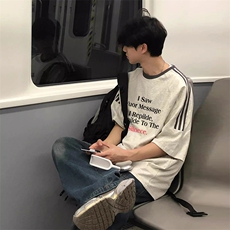 夏季美式高街重磅纯棉三条杠织带撞色男女短袖T恤ZD360-特P30，男装T恤，电商A486