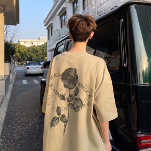 夏季新款玫瑰印花短袖T恤男潮情侣款半袖体恤打底衫宽松D019/P25图片