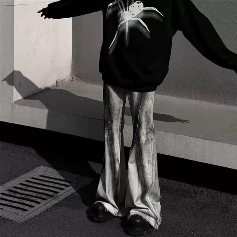 高街美式ro风毛边脏污撞色渐变牛仔裤男潮牌复古设计感拖地喇叭裤，男装牛仔裤，星座506A