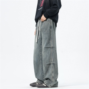 主推【S-4XL】现货！褶皱牛仔裤男水洗直筒裤子A080-8203-P65控88图片