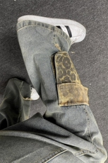 毛边豹纹口袋牛仔裤设计感小众水洗直筒工装裤NZ99特P46，男装牛仔裤，星座908-1