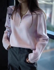 秋季新款舒适显瘦时尚百搭半拉链针织套头衫，女装羊毛衫，恒恩羊绒