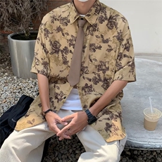 翻领潮牌宽松型慵懒时尚都市流行夏季碎花男短袖潮流日常衬衫，男装衬衫，星座716-4