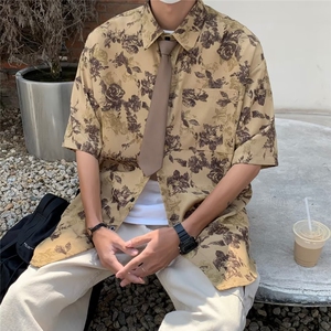 翻领潮牌宽松型慵懒时尚都市流行夏季碎花男短袖潮流日常衬衫图片