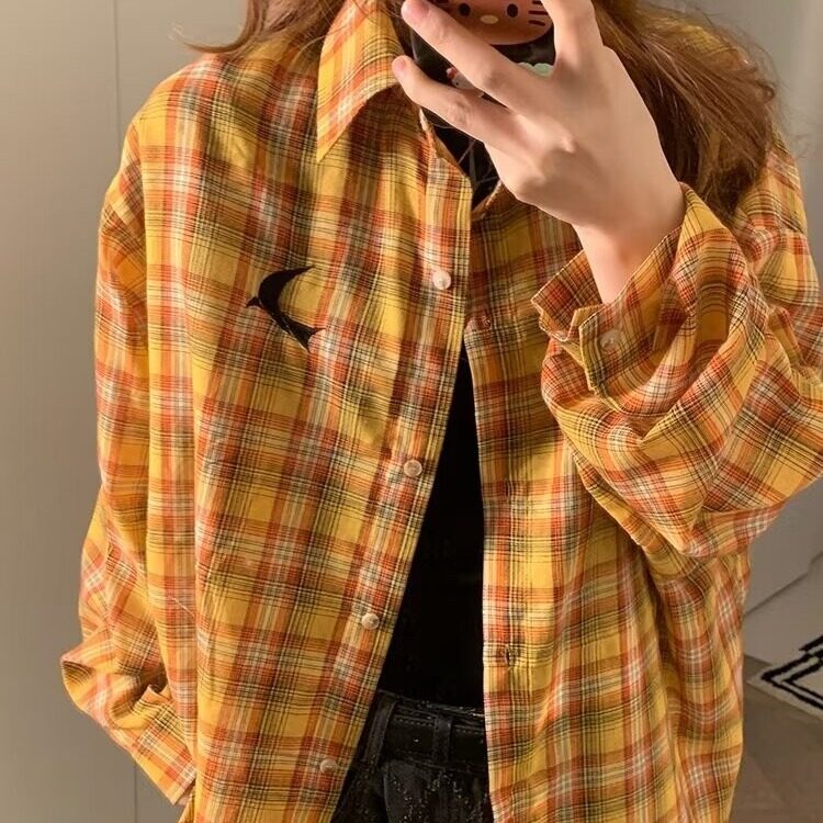 2025美式复古多巴胺黄色格子衬衫男女高街衬衣开衫长袖外套上衣图片
