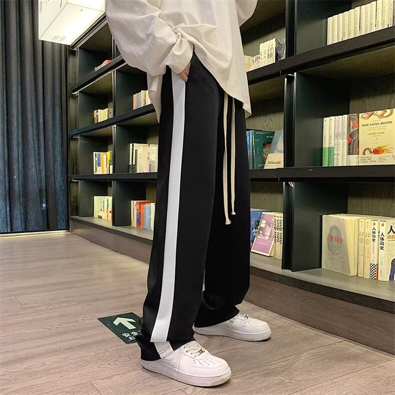 休闲裤男女宽松直筒条纹阔腿裤潮牌高街坠感运动长裤子BK1850-p30,男装休闲裤,星座1008