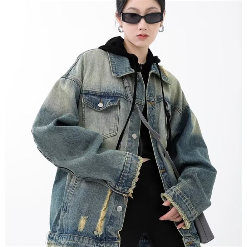 水洗做旧破洞牛仔外套女美式设计小众渐变高街牛仔服夹克,男装工装外套,星座1210-1