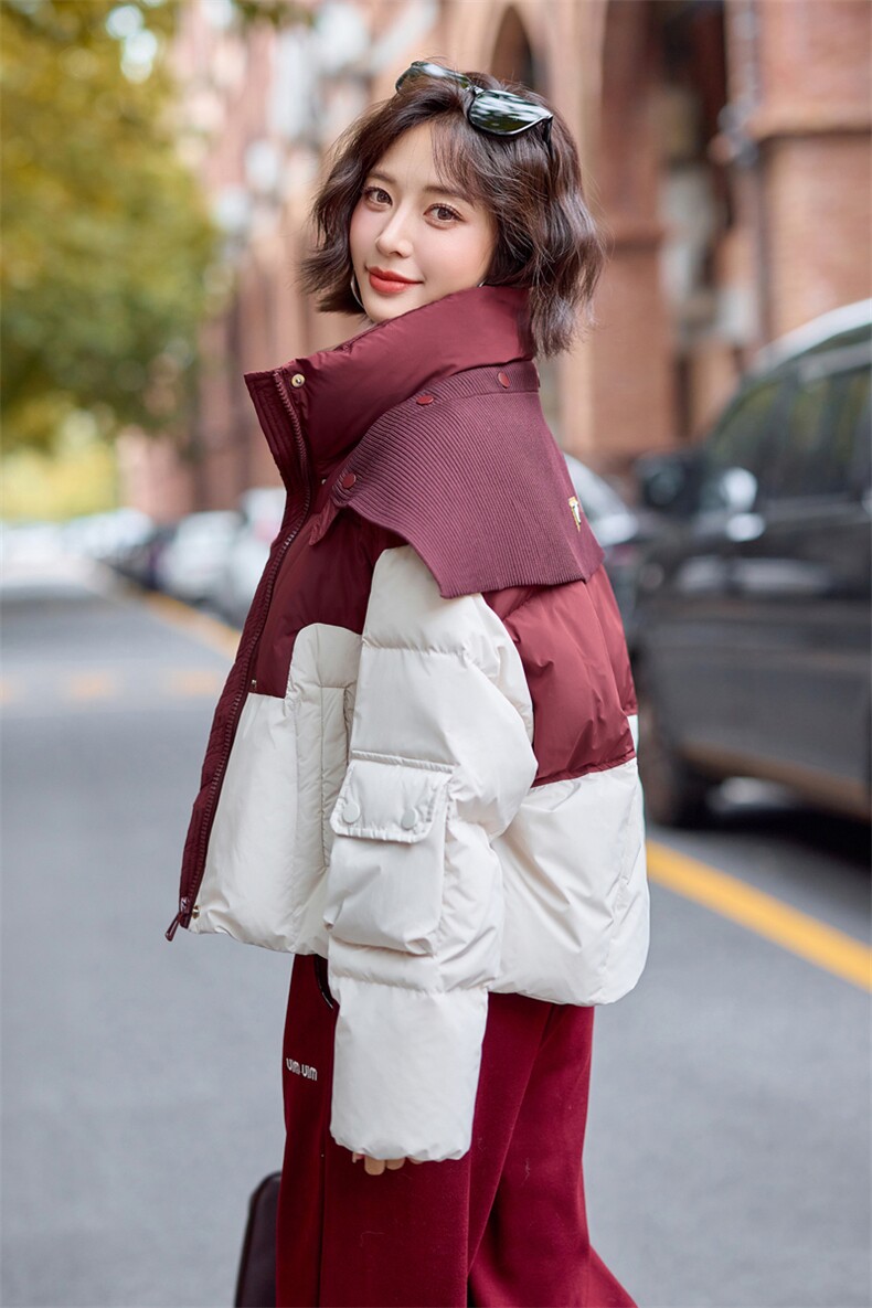 针织披肩撞色短款羽绒服女2024冬季新款宽松加厚设计感白鸭绒外套,女装羽绒服,雅静靓衣