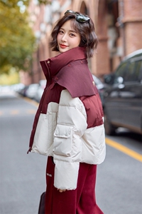 针织披肩撞色短款羽绒服女2024冬季新款宽松加厚设计感白鸭绒外套图片