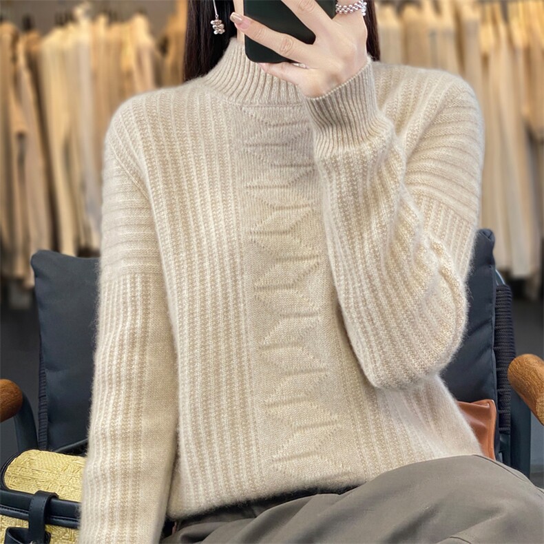 加厚半高领羊毛衫女秋冬新款针织衫宽松时尚提花羊绒衫毛衣打底,针织衫/毛衣,暖绒情旗舰店