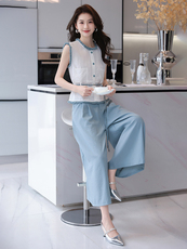 休闲时尚套装女2025夏季新款职业装气质收腰无袖上衣阔腿裤两件套，女装套装/套裙，时尚俏佳人