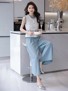 休闲时尚套装女2025夏季新款职业装气质收腰无袖上衣阔腿裤两件套图片