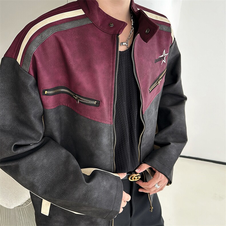 复古机车PU皮麂皮绒立领夹克痞帅街头拼色情侣外套JK08573-P70，男装夹克，星座308B-2