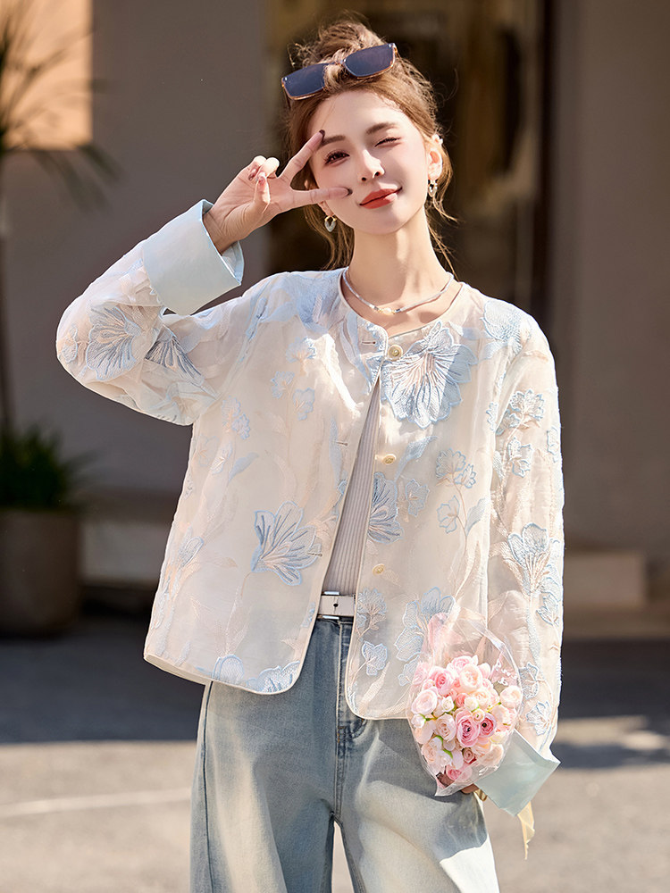 国风刺绣薄款防晒衣外套女2025春夏新款减龄休闲百搭圆领开衫上衣,女装短外套,韩宇舍