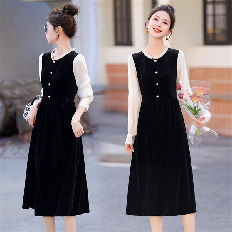 （现货放心推）丝绒皮接花边领子气质显瘦小香裙子，女装连衣裙，墨羽桐