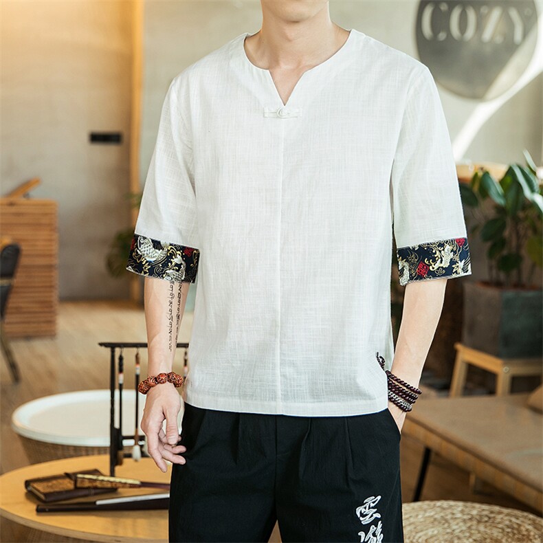 2021夏季中式复古盘扣棉麻短袖T恤男薄款半袖上衣QT6005-T,男装T恤,星座1112-5（原712-5）