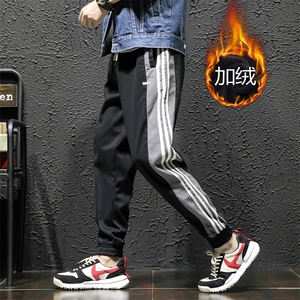 2019黑墙风日系冬季宽松大码男条纹运动加绒休闲裤K8191-P65图片