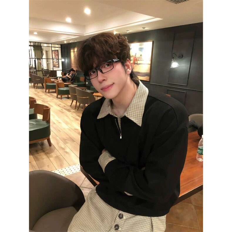1506/QY5060/P67时髦拼接条纹假两件翻领套头宽松时尚卫衣,男装卫衣,星座1506