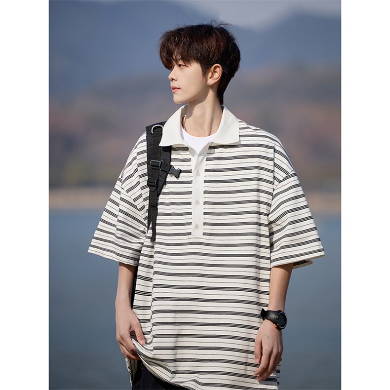 大码条纹撞色翻领纽扣宽松短袖T恤POLO衫225-2-8801-P45控65，男装T恤，星座225-2