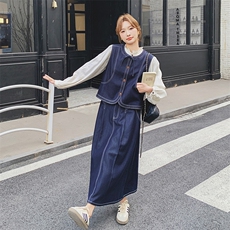 牛仔马甲衬衫半身裙套装女春秋2025新款休闲老钱风流行超火三件套，女装套装/套裙，2C293