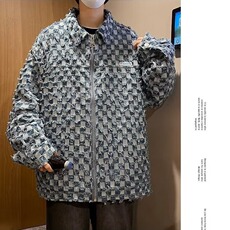 美式复古棋盘格牛仔外套男女宽松休闲痞帅长袖毛边夹克衫3709/P75，男装夹克，星座506