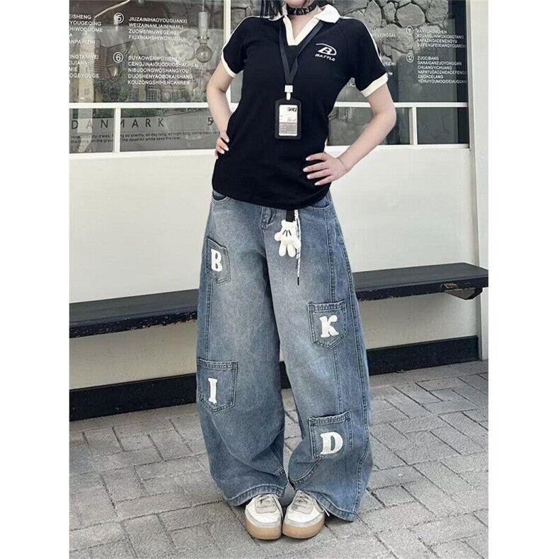 街头Vibe复古水洗多口袋弯刀牛仔裤做旧男女拖地宽松长裤NS4128,男装牛仔裤,星座1116A（原606A-3）