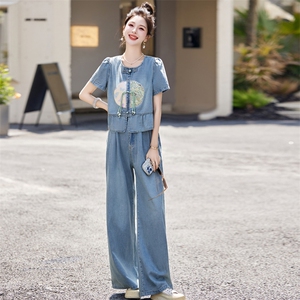 中国风方领牛仔套装女2025夏季新款休闲薄款减龄优雅女神范两件套图片