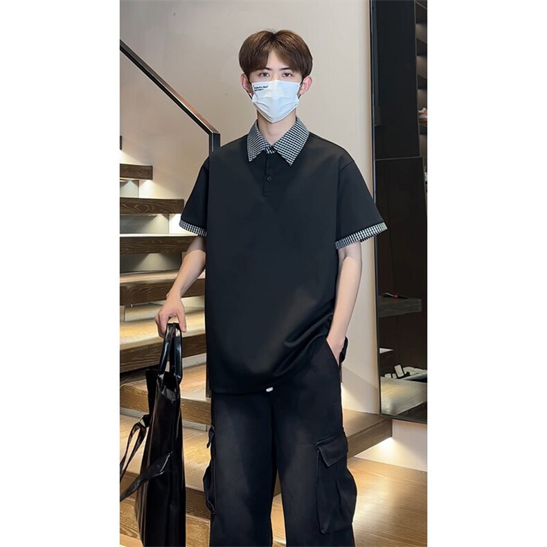 假两件格子拼接短袖T恤男夏季潮牌polo衫美式衬衫领T3652特价P30,男装T恤,电商A007