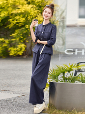 时尚休闲牛仔套装女2025春季新款超好看收腰上衣复古阔腿裤两件套，女装套装/套裙，魅影