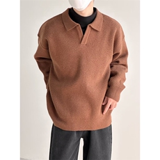 秋冬季韩风复古翻领毛衣男士厚v领慵懒风长袖休闲宽松针织打底衫，男装T恤，星座1013-1