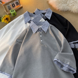 8XL-M假两件衬衫领短袖T恤大码夏季条纹拼接polo衫半袖DX1211/P45图片