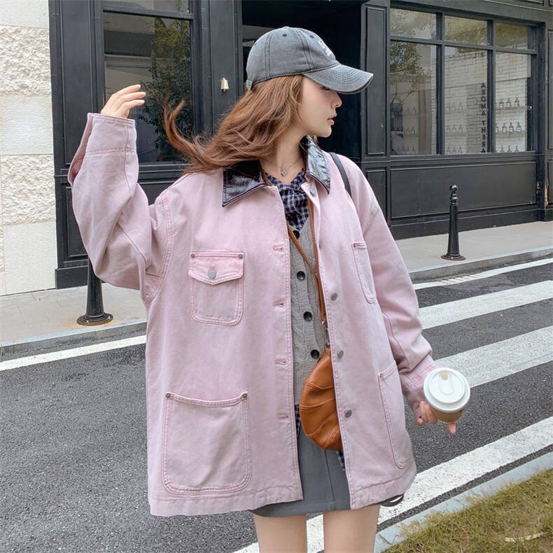pu皮领拼接粉色工装风衣外套女春秋2025新款学院风减龄上衣夹克,女装短外套,2C372