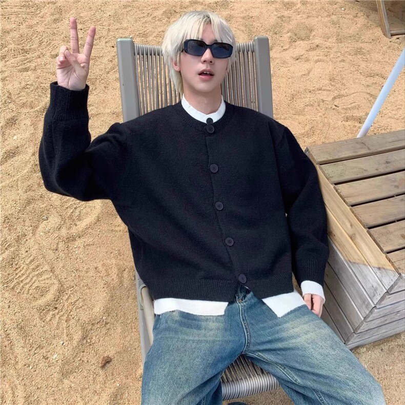 美式咖色假两件毛衣外套男女慵懒风情侣宽松复古纽扣开衫针织上衣，男装针织衫/毛衣，星座601-1