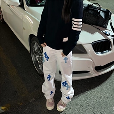 网红~十字架皮标白牛直筒百搭牛仔裤CK727/P55，男装皮裤，电商B350