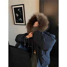 牛津面料原版版型连帽派克女冬季牛角扣大毛领棉服外套，女装棉衣/棉服，星座1210-1