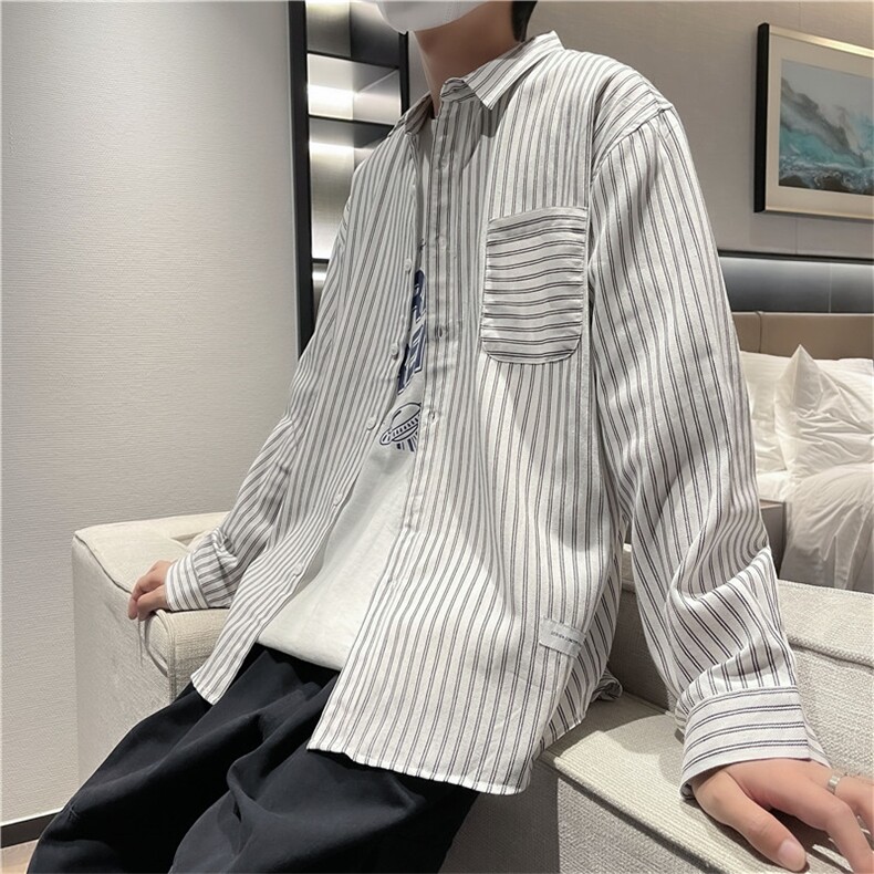 港风休闲条纹长袖衬衫男潮流帅气A338-1C090P50货足,男装衬衫,电商D325