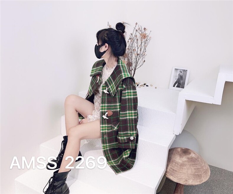 格子呢料长款外套,女装其它,AMSS 艾玛莎莎