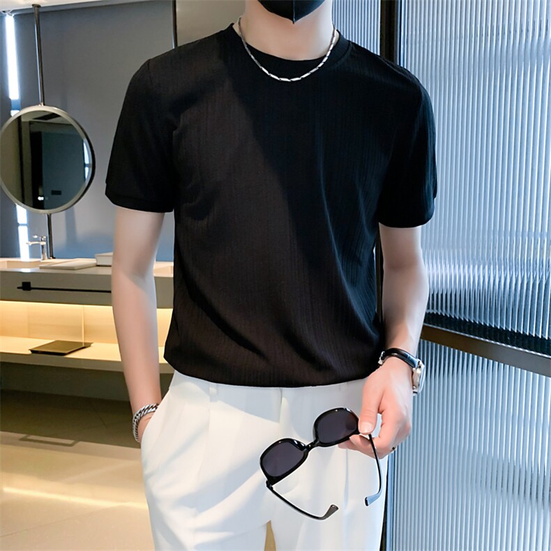冰丝轻熟风夏季新ins潮流纯色针织衫男短袖T0542-P28,男装T恤,星座308B-2